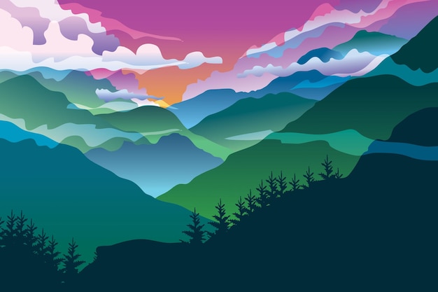 Vector image of mountain view at sunrise