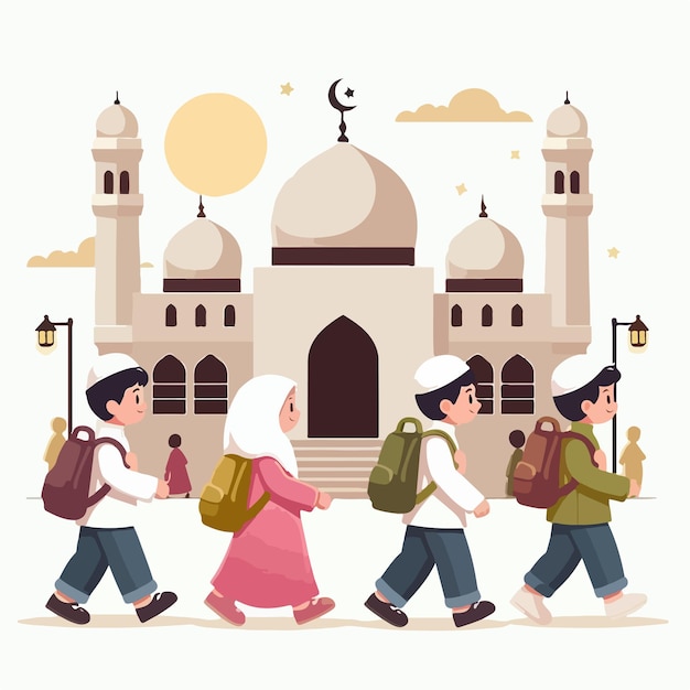 vector image of Muslim children going to the mosque