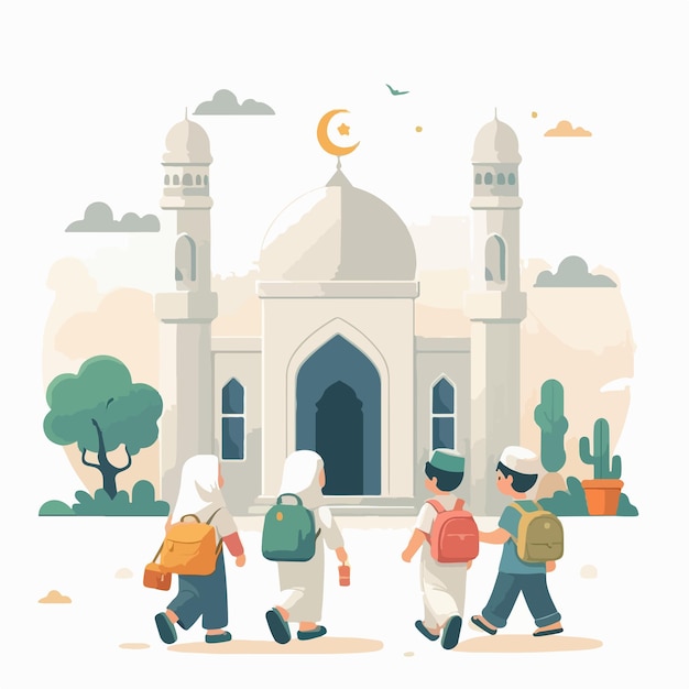 vector image of Muslim children going to the mosque