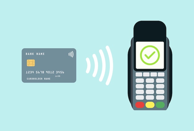 Vector image of payment from bank card to pos terminal using NFC technology in flat style