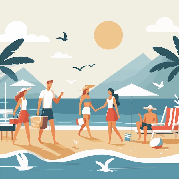 Vector vector image of people on holiday at the beach