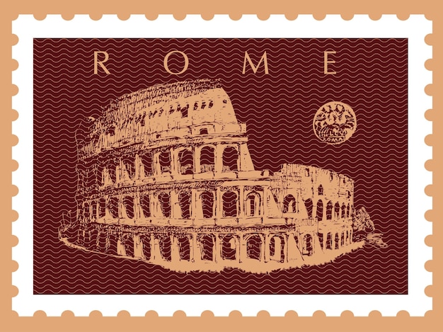 Vector image of a postage stamp with the Rome Coliseum made in the style of graphics.