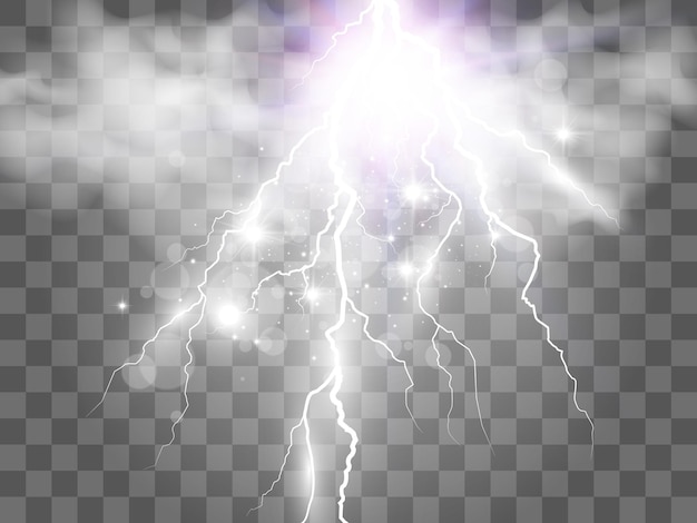 Vector image of realistic lightning. Flash of thunder on a transparent background.