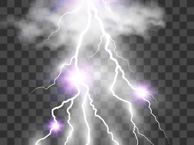 Vector image of realistic lightning. Flash of thunder on a transparent background.