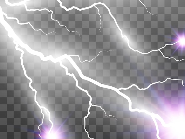 Vector image of realistic lightning. Flash of thunder on a transparent background.