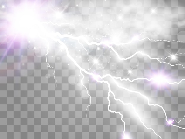 Vector image of realistic lightning. Flash of thunder on a transparent background.