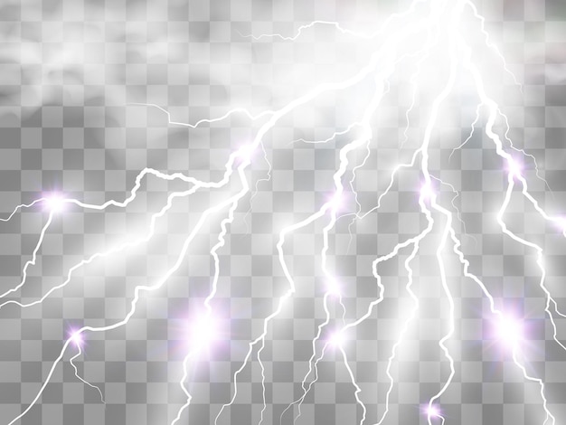 Vector image of realistic lightning. Flash of thunder on a transparent background.