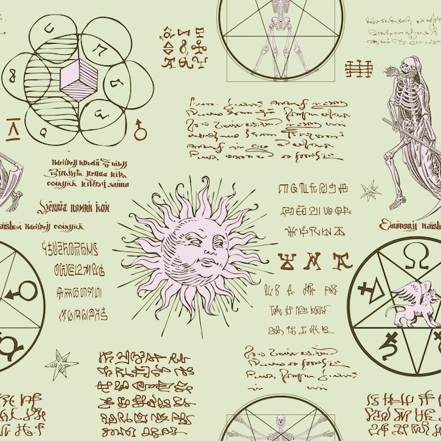 vector image of a seamless texture in the form of an alchemical formula with encrypted symbols