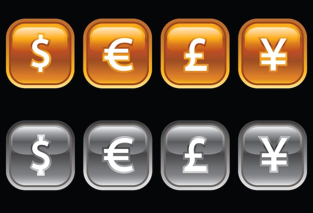 Vector image of set of buttons with various currency symbols