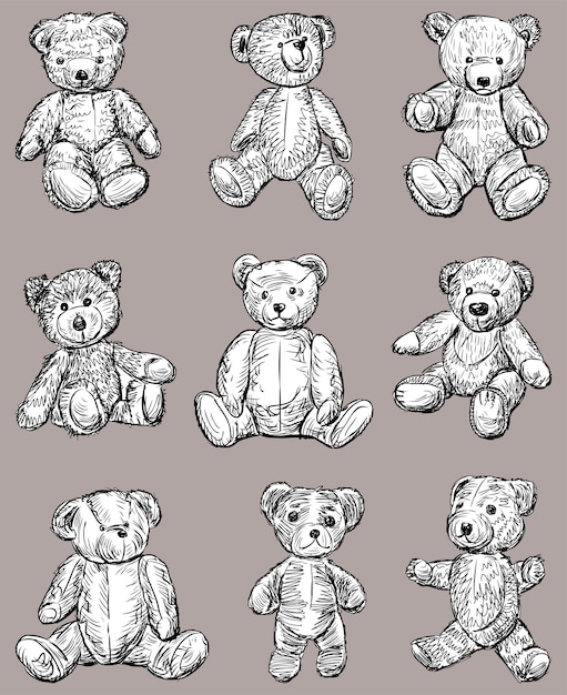 Vector vector image of set sketches various old teddy bears