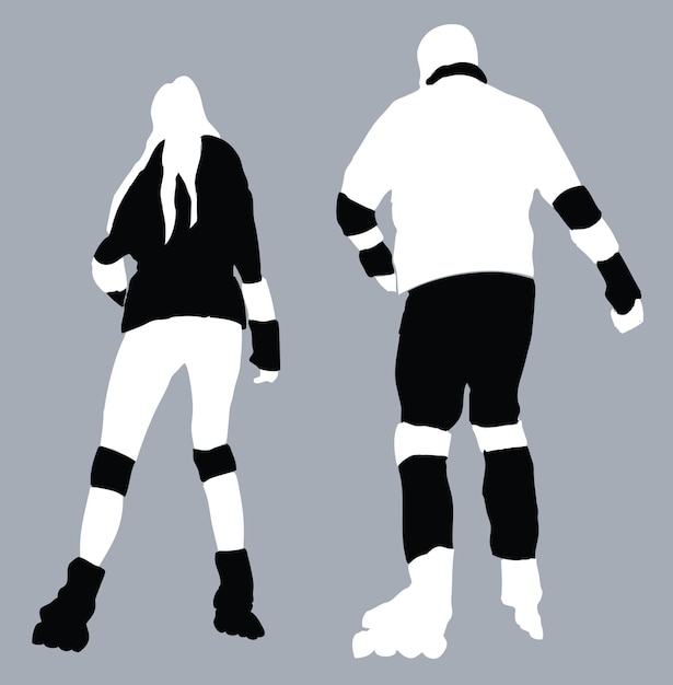 Vector image of silhouettes father and his teen daughter skating on rollers