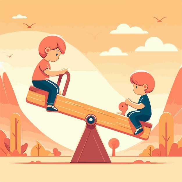 vector image of a small child playing on a seesaw