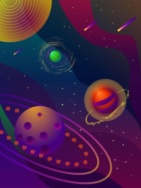 Vector image Space planets with orbits Stars and falling comets