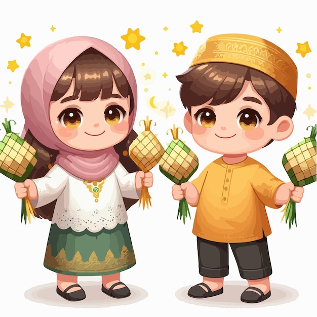 Vector image of two young children celebrating Eid alFitr