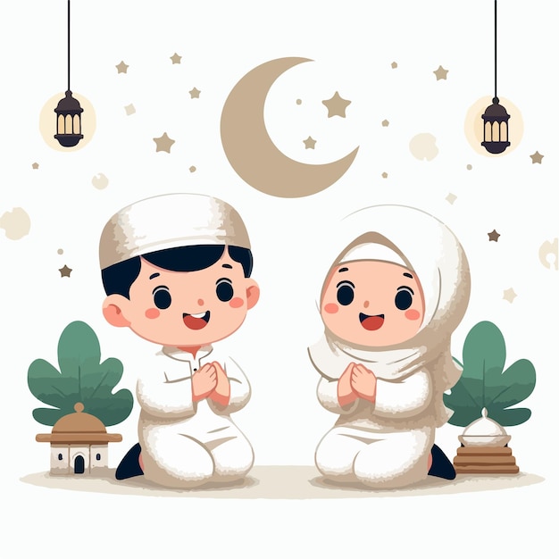 Vector image of two young children celebrating Eid alFitr