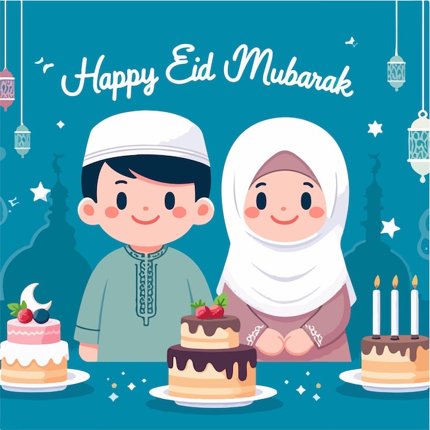 Vector image of two young children celebrating Eid alFitr