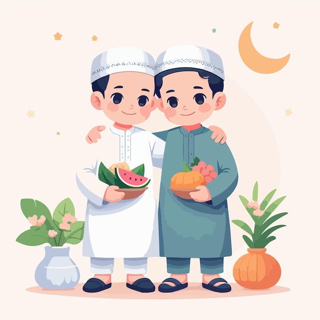 Vector image of two young children celebrating Eid alFitr