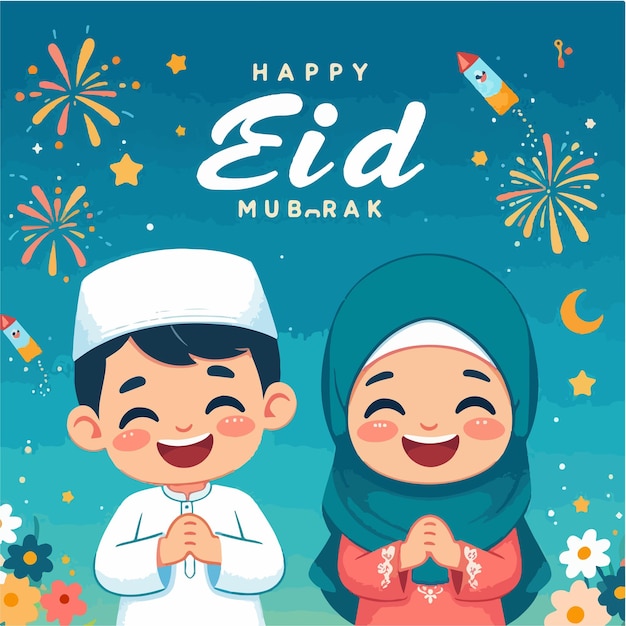 Vector image of two young children celebrating Eid alFitr