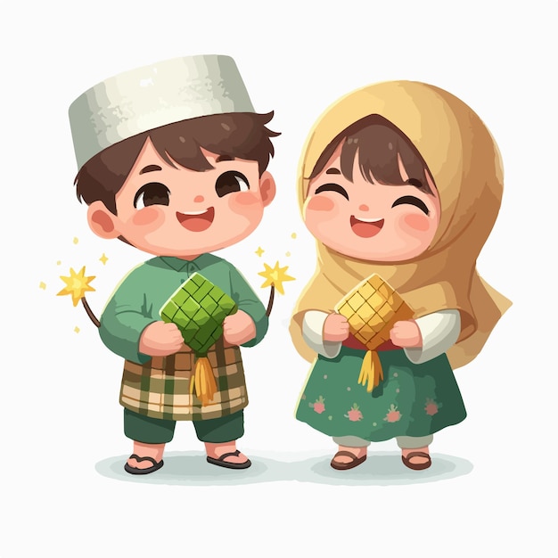 Vector image of two young children celebrating Eid alFitr