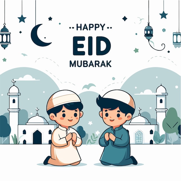 Vector image of two young children celebrating Eid alFitr