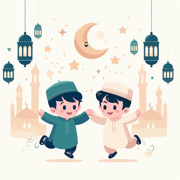 Vector image of two young children celebrating Eid alFitr