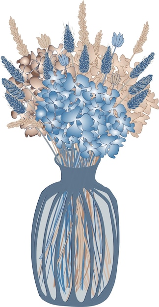 Vector image of a vase with dried flowers in blue and beige tones