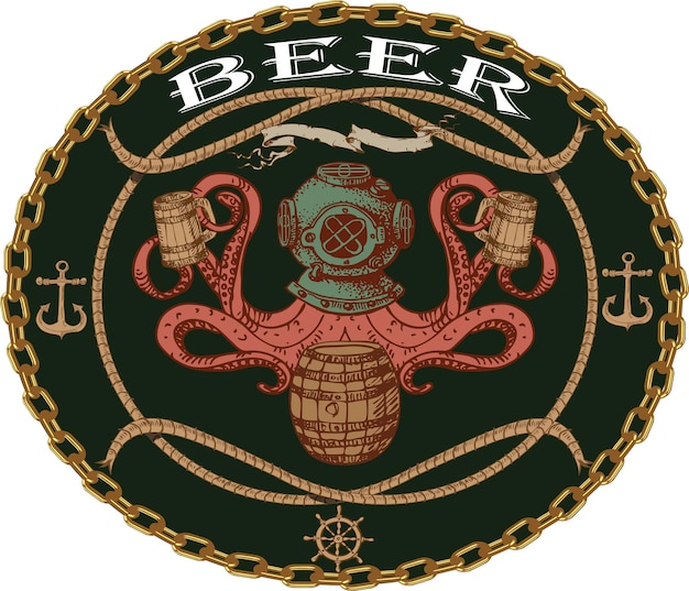 vector image of a vintage beer label with a picture of kraken on a barrel with a beer