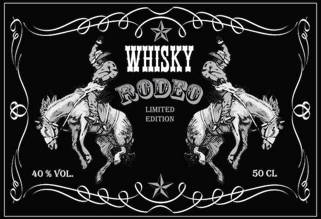 vector image of vintage label with a cowboy riding a wild horse for whiskey in art style