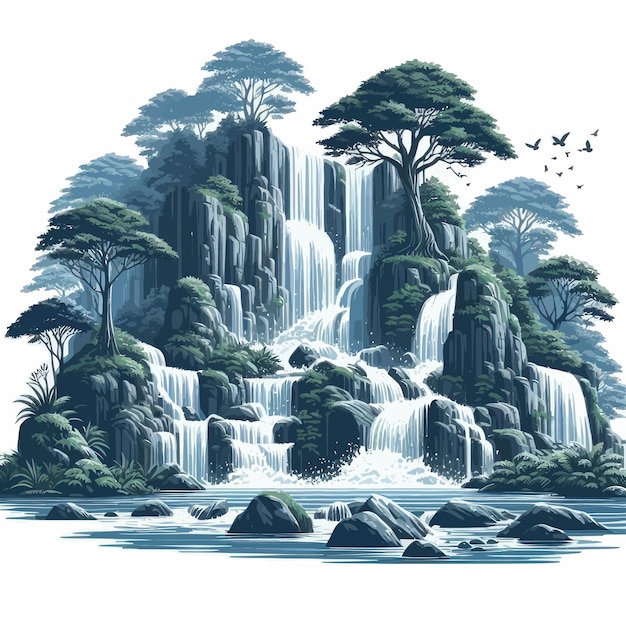 Vector vector image of a waterfall with trees that remind of nature