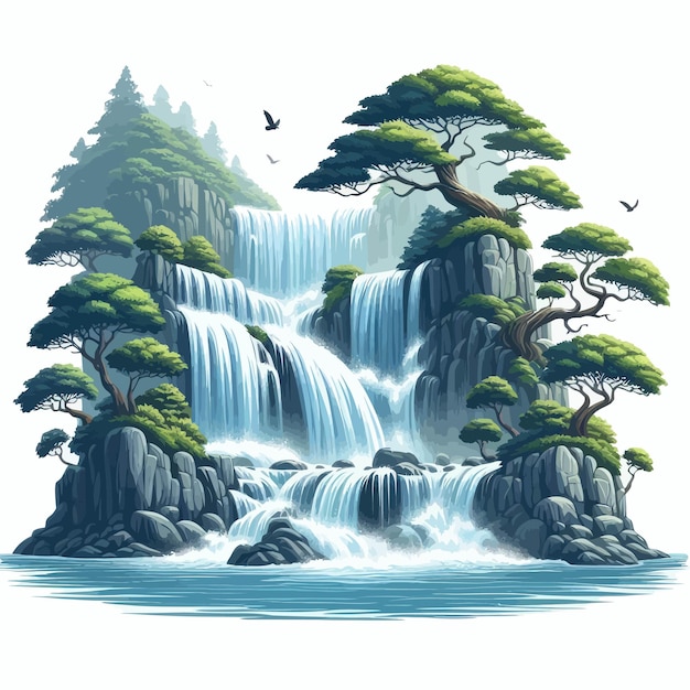 Vector image of a waterfall with trees that remind of nature