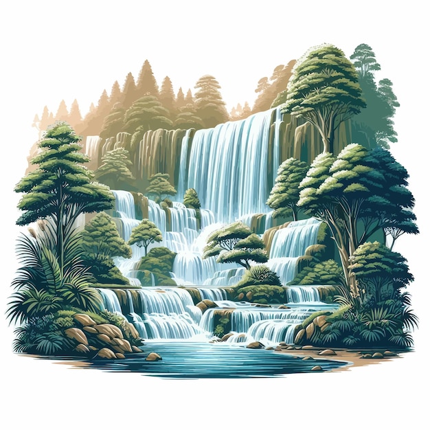 Vector image of a waterfall with trees that remind of nature