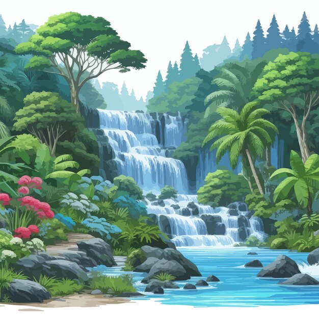 Vector image of a waterfall with trees that remind of nature