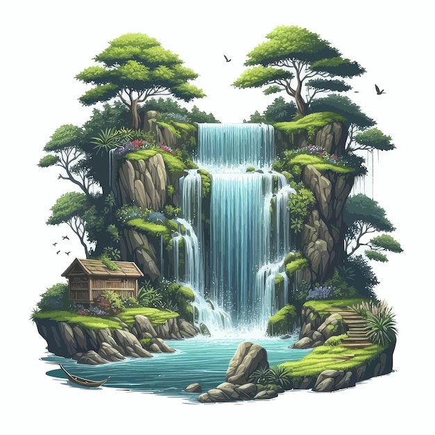 Vector image of a waterfall with trees that remind of nature