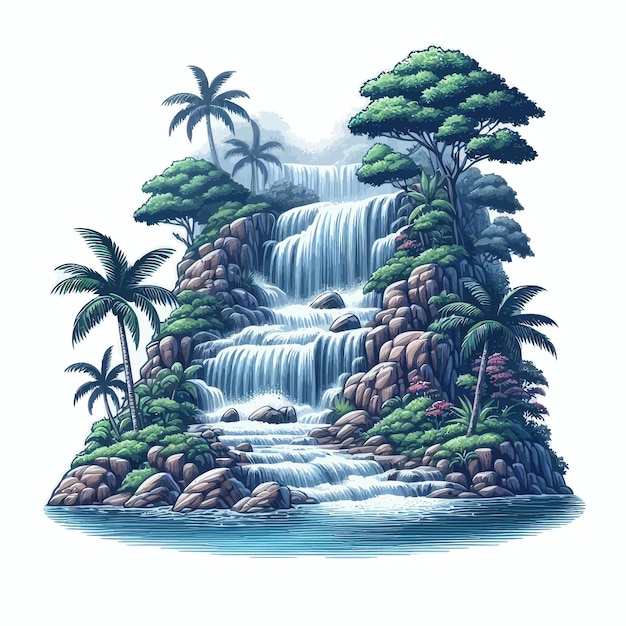 Vector image of a waterfall with trees that remind of nature