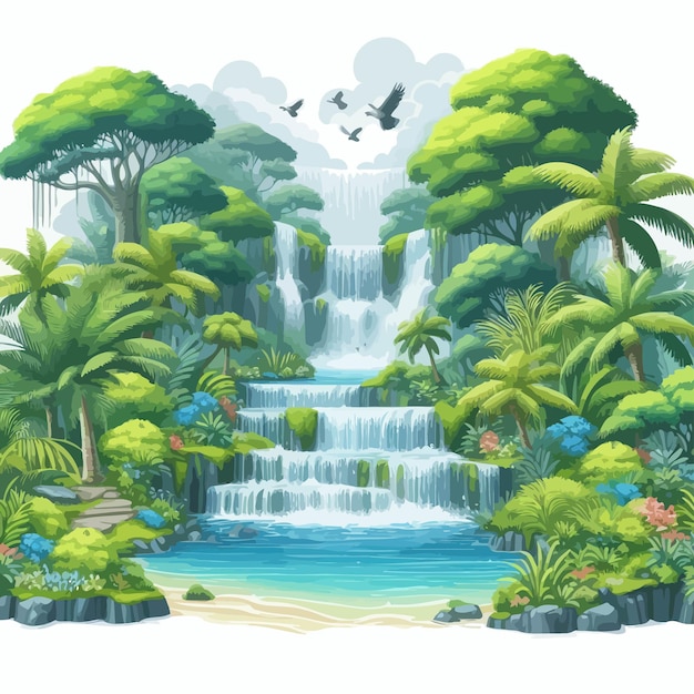 Vector image of a waterfall with trees that remind of nature