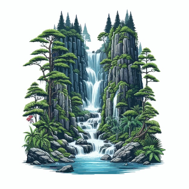 Vector image of a waterfall with trees that remind of nature