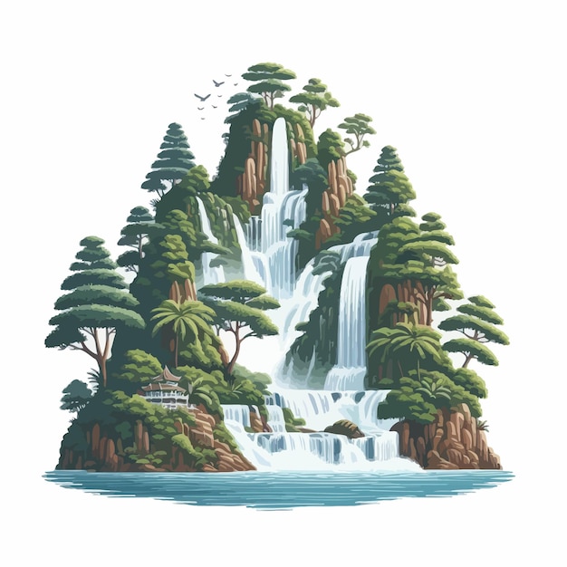 Vector image of a waterfall with trees that remind of nature