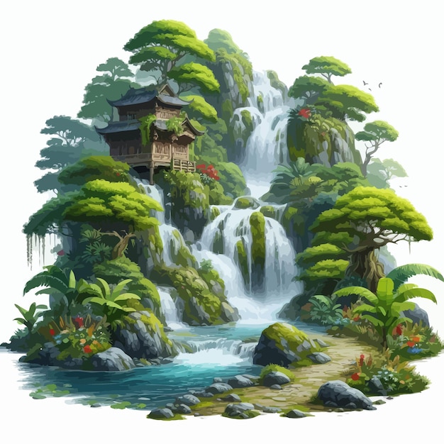 Vector image of a waterfall with trees that remind of nature