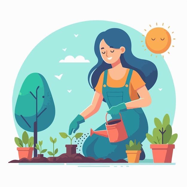 Vector vector image of woman planting plants