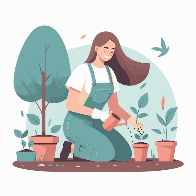 Vector vector image of woman planting plants