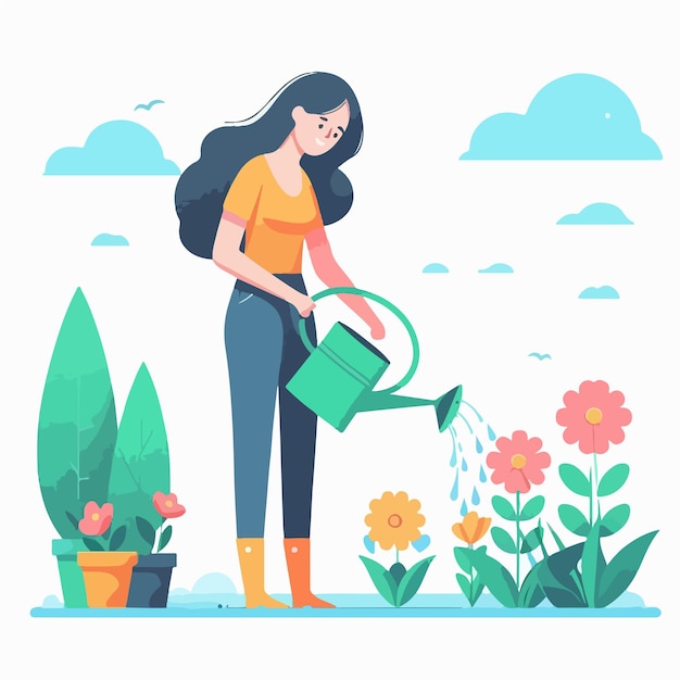 Vector vector image of woman watering flowers