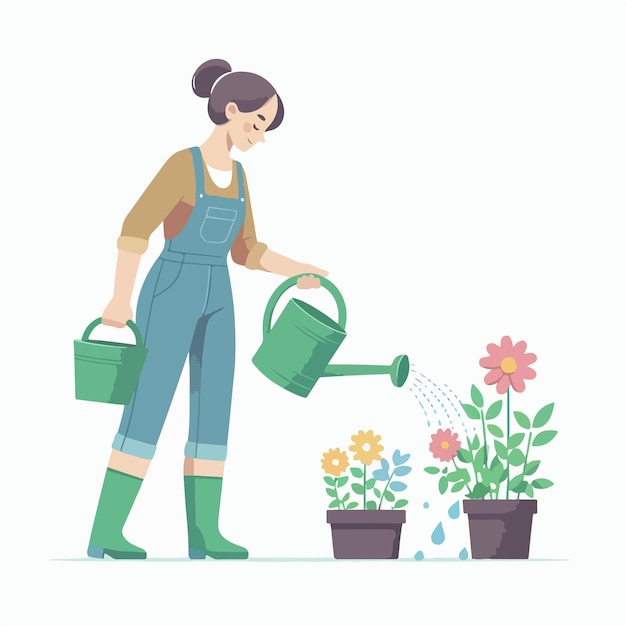 Vector vector image of woman watering flowers