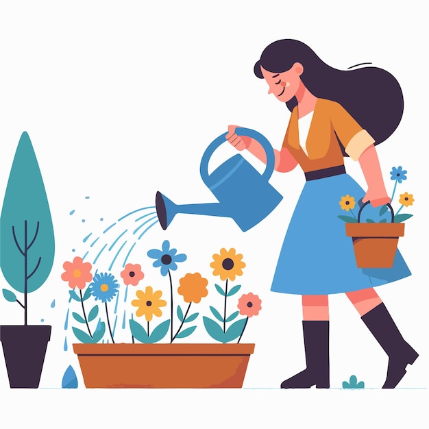 Vector vector image of woman watering flowers