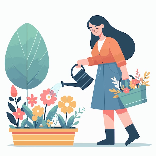 Vector image of woman watering flowers