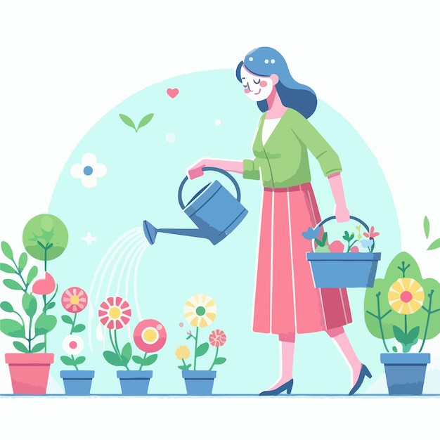 Vector image of woman watering flowers