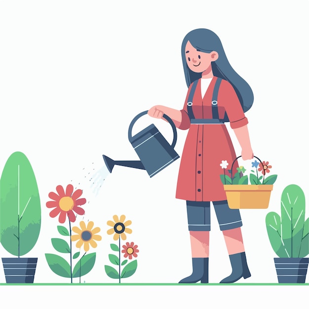 Vector image of woman watering flowers