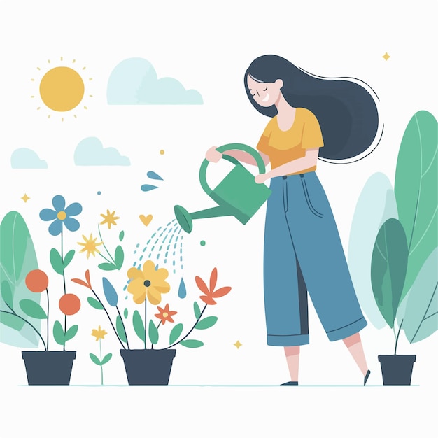 Vector vector image of woman watering flowers