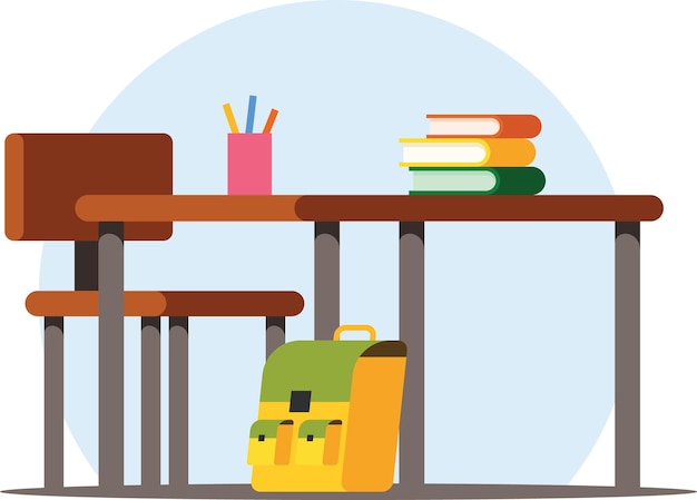 Vector Image Of A Wooden Desk With A School Bag And Books Isolated On Transparent Background