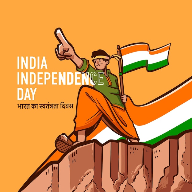 Vector vector india independence day illustration with people holding flags in top of cliff