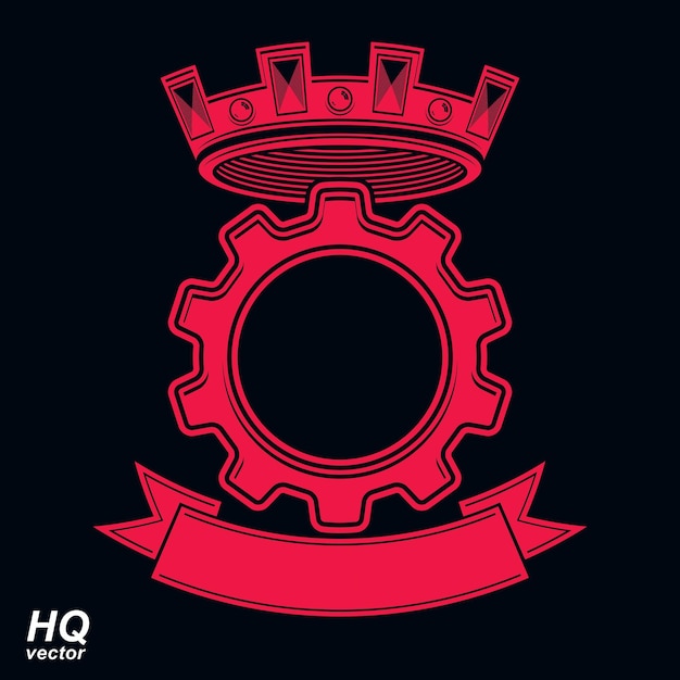 Vector industrial design element, cog wheel with a coronet and decorative ribbon. High quality manufacturing gear icon. Royal heraldic coat of arms.